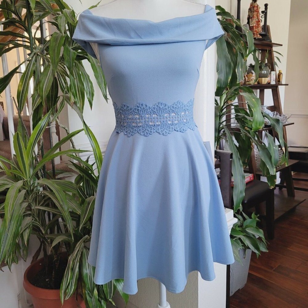 B. Darlin Sz 3/4 Fit Flare Dress Baby Blue Off Shoulder Crochet Special Occasion - Picture 6 of 12